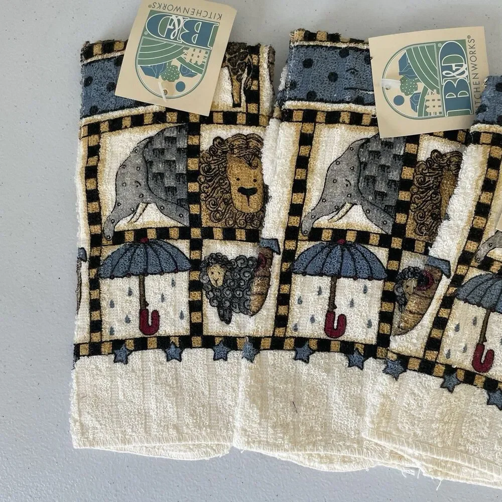 Vintage B&D Kitchenworks Hand Towels Lot 90's Noah's Arc Graphic 100% Cotton